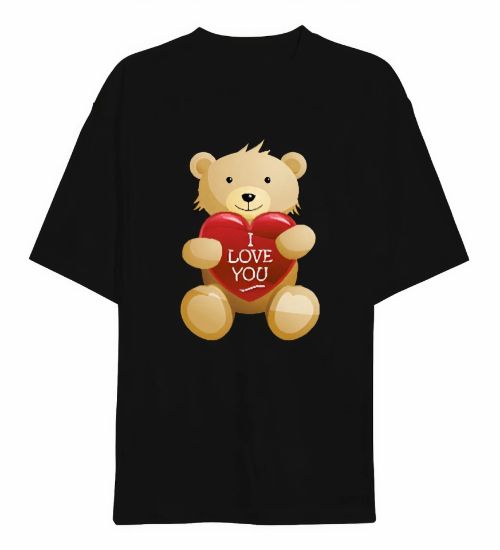 Sevgililer Günü İçin Özel Tasarım I Love You Ayı Baskılı T-shirt - Siyah resmi